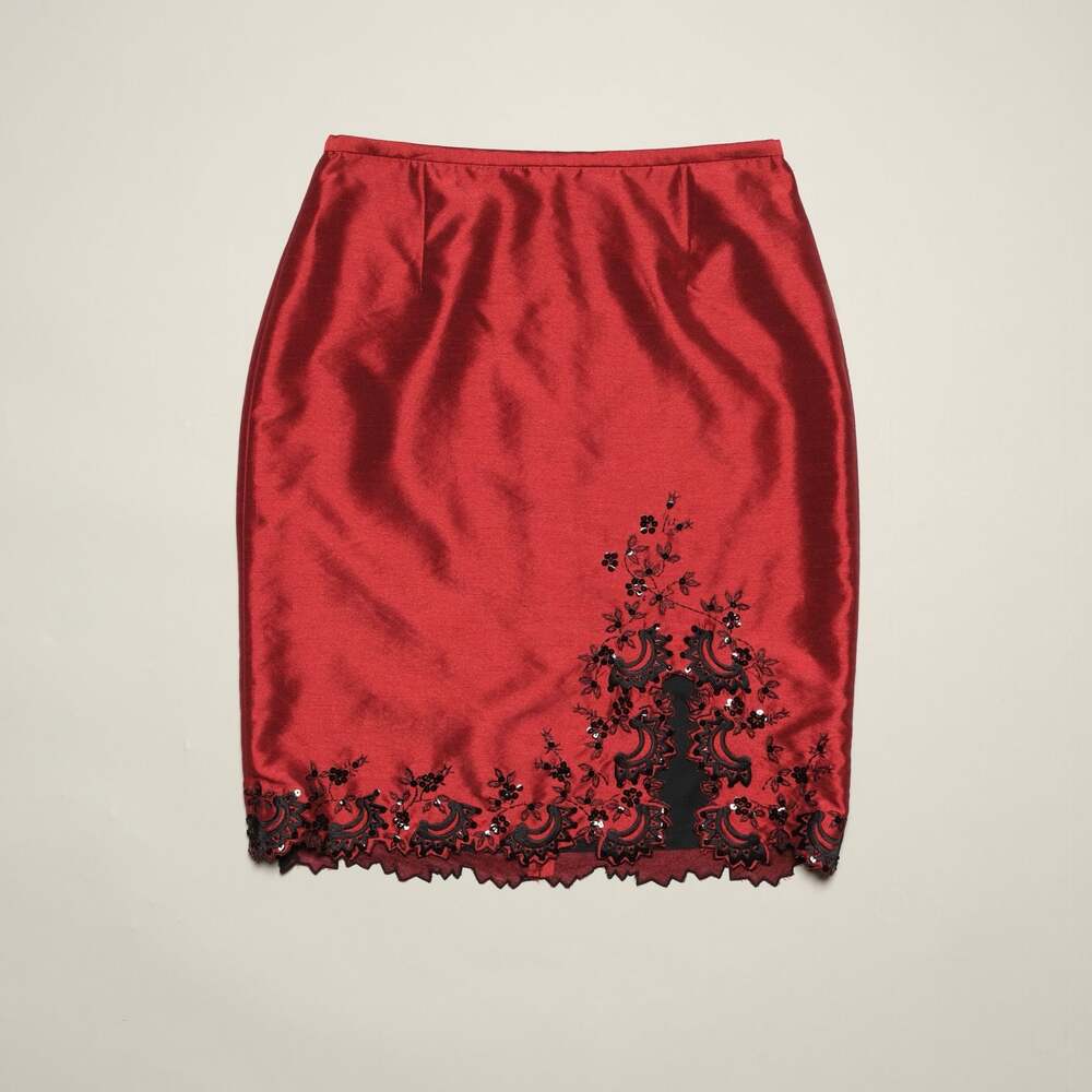 Vintage Red Satin Pencil Skirt with Black Embroidered Details Size 8